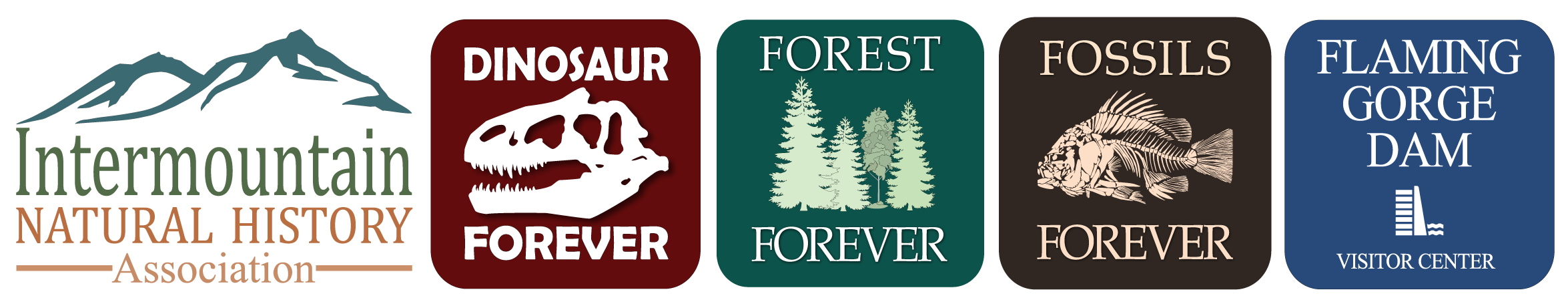 corporate logos for Dinosaur Forever,Forest Forever, Fossils Forever, Flaming Gorge Dam Visitor Center, and Intermountain Natural History Association